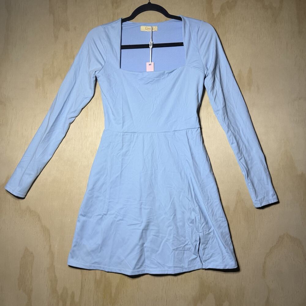 Qinsen Blue Long Sleeve Mini‎ Dress Womens L Stretch Square Neck Skater NWT
